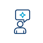 Outline of a person with a speech bubble containing a blue sparkle symbol, on a plain light background.