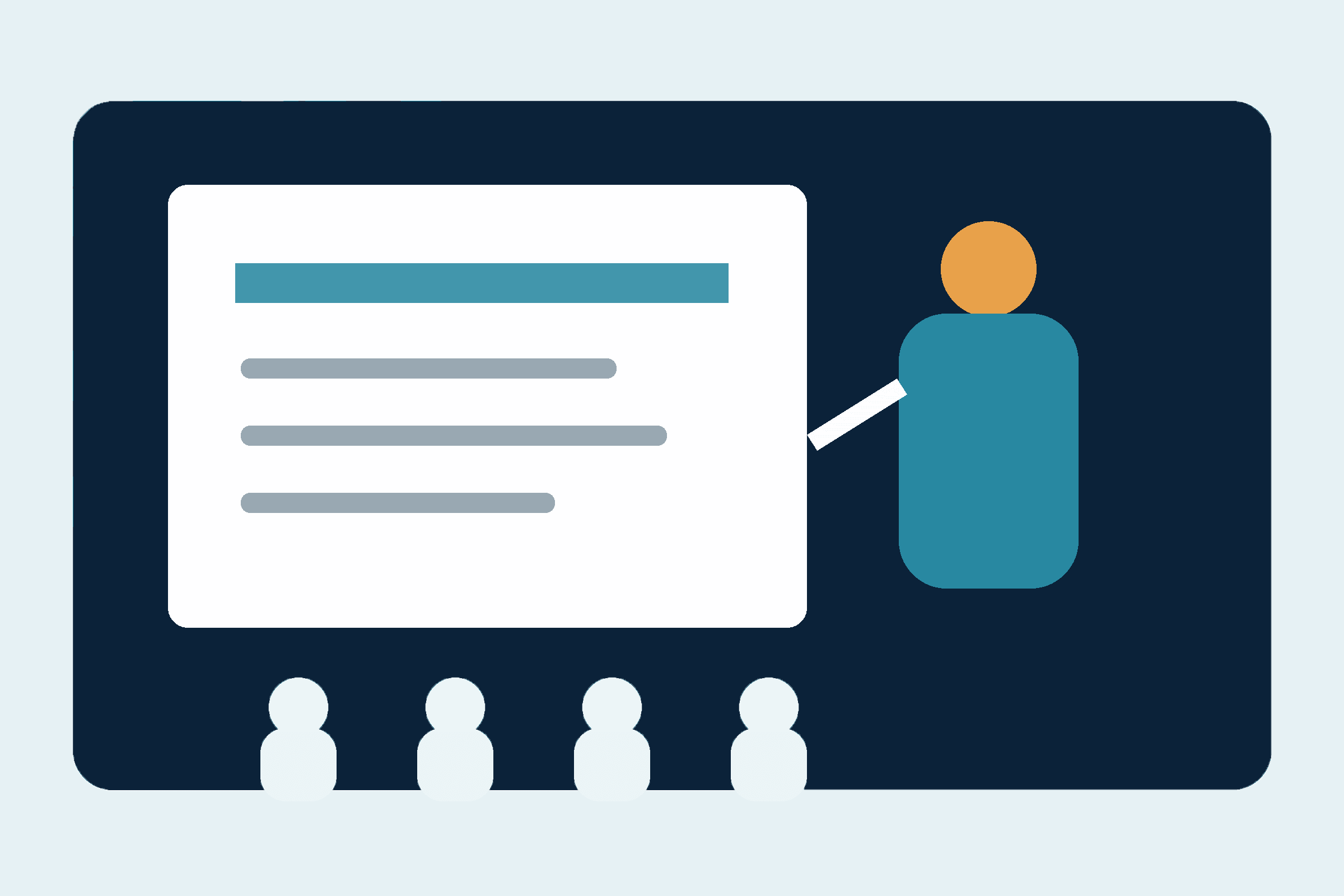 Illustration of a person giving a presentation to an audience of four, pointing at a large screen displaying text and a heading.
