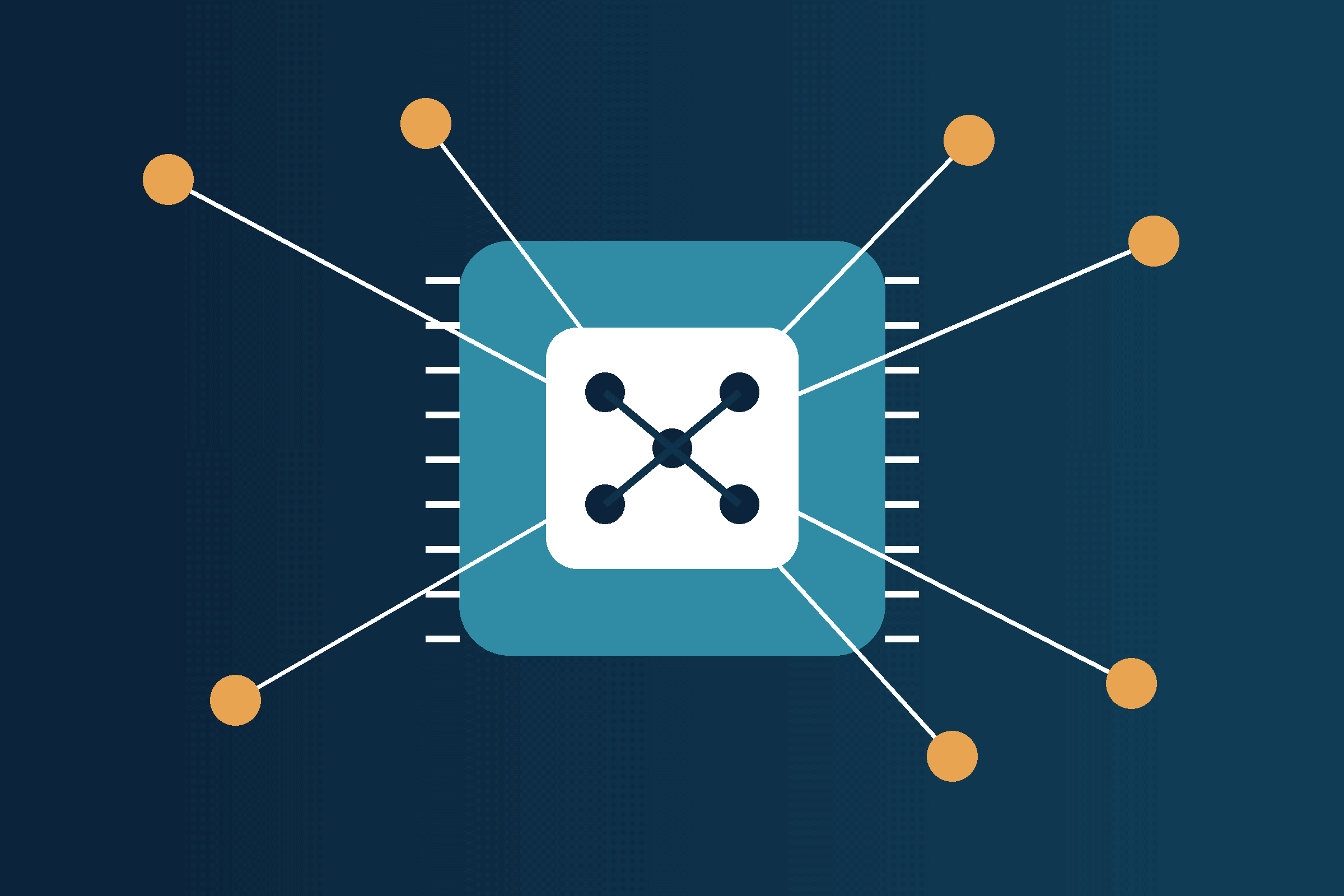 Illustration of a microchip with lines and circles extending outward, representing electronic connections or a network.