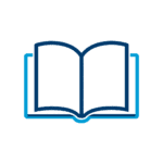 Simple line drawing of an open book with blue outlines, viewed from the front against a plain white background.