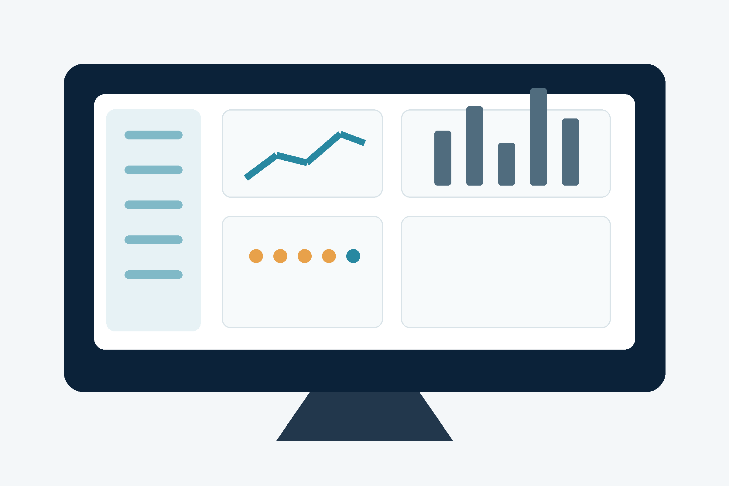 Computer monitor displaying a dashboard with menu, line graph, bar chart, and colored dots on a clean interface.