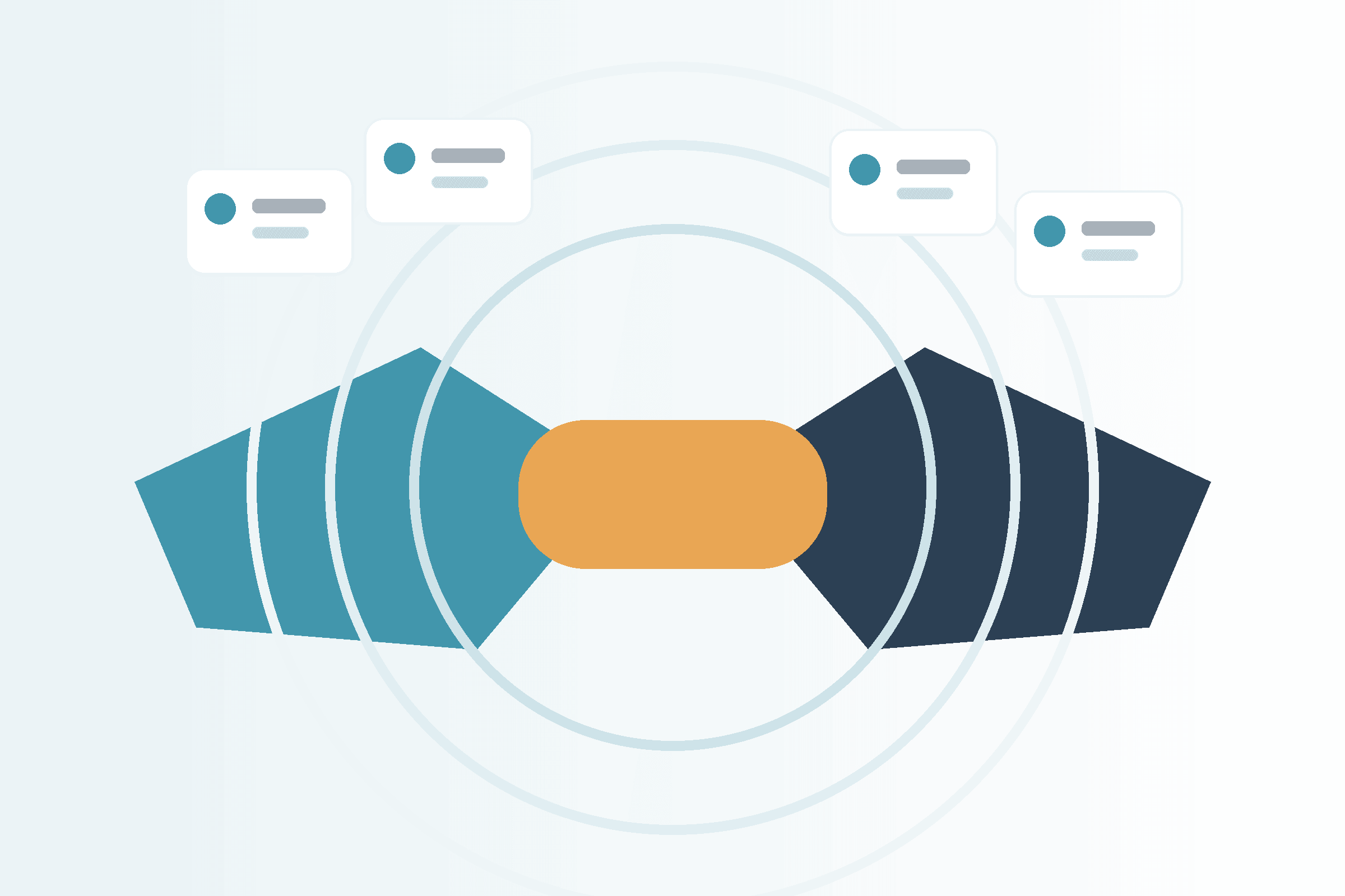 Abstract diagram with a central orange oval, blue and teal geometric shapes on each side, concentric circles, and four floating chat bubbles above.