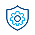 Blue outline of a shield with a light blue gear inside it, representing protection or security settings, on a plain white background.