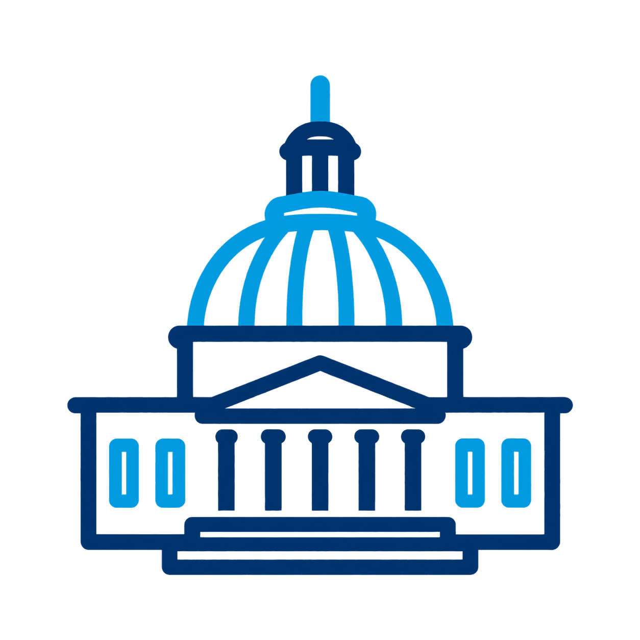 Simple blue line drawing of a domed government building with columns, resembling the United States Capitol, on a white background.