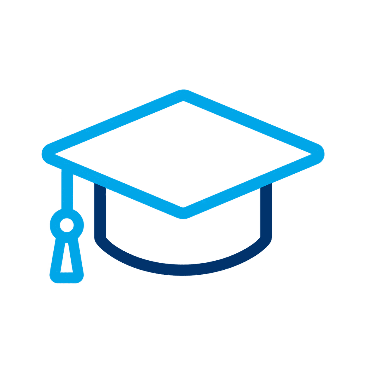 Outline of a blue graduation cap with a tassel, shown on a plain white background.