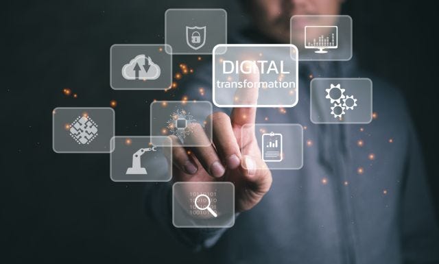 A person interacts with floating digital icons, pressing a button labeled “DIGITAL transformation,” symbolizing technology and business innovation.