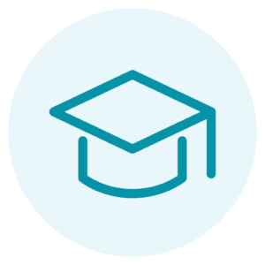 Blue outline icon of a graduation cap with a tassel, centered on a light blue circular background.