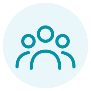 Icon of three simplified human figures in teal, arranged in a group, on a light blue circular background.