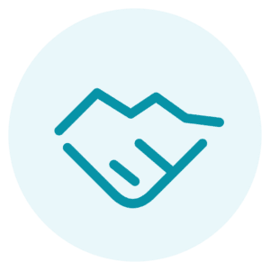 Simple blue line drawing of two hands shaking, set against a light blue circular background.
