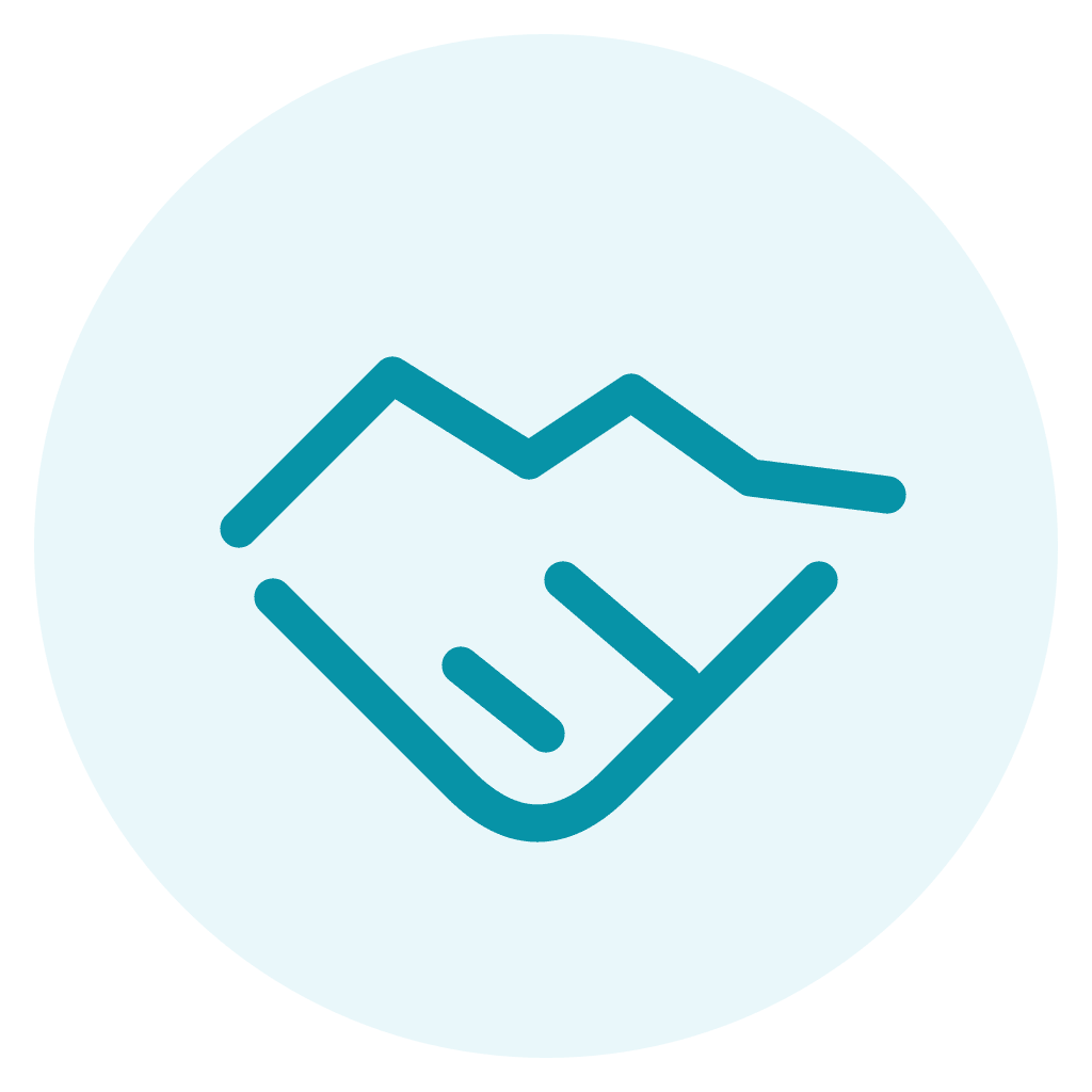 Simple blue line drawing of two hands shaking, set against a light blue circular background.