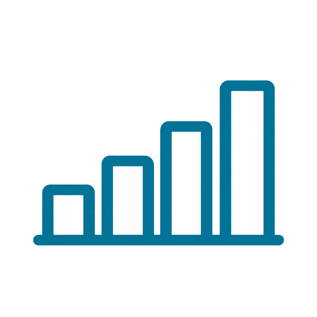 Simple blue bar chart icon with four vertical bars of increasing height, representing growth or progress, on a white background.