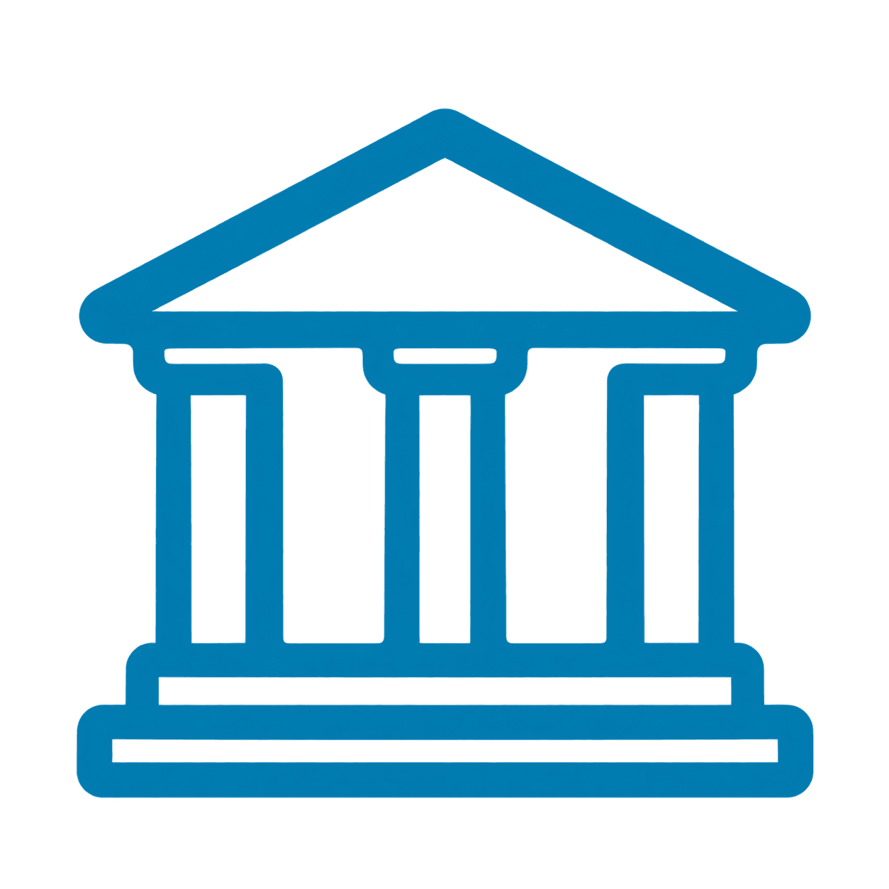 Blue outline icon of a classical building with three columns and a triangular pediment, resembling a bank or government institution.