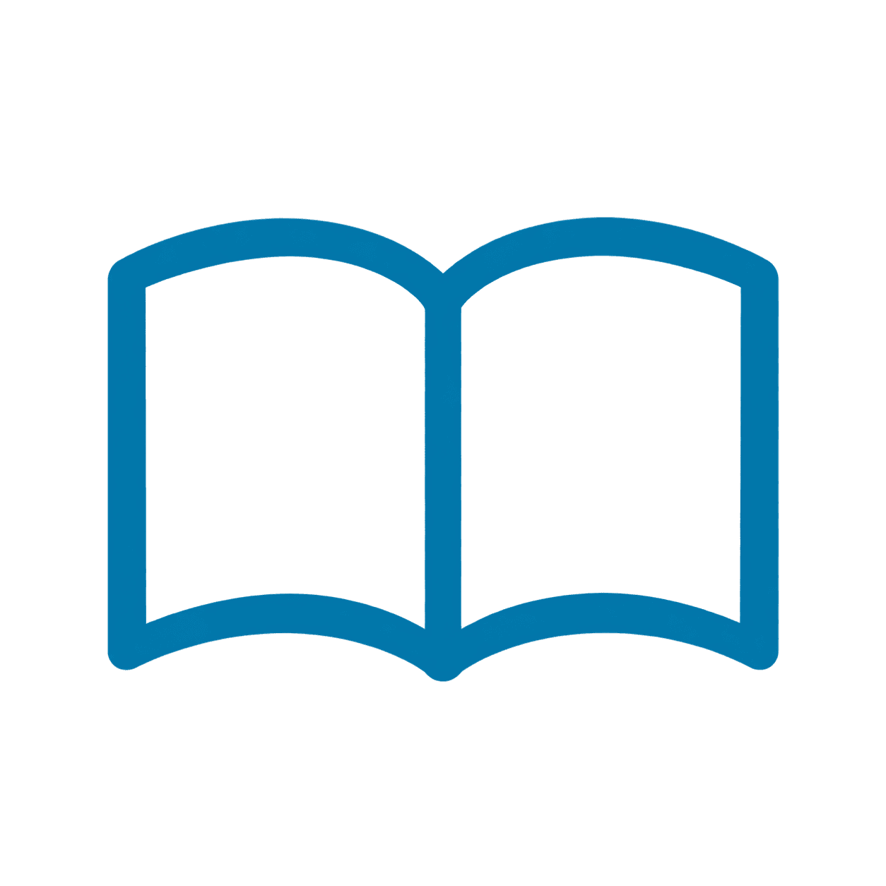 Blue outline icon of an open book on a plain white background.
