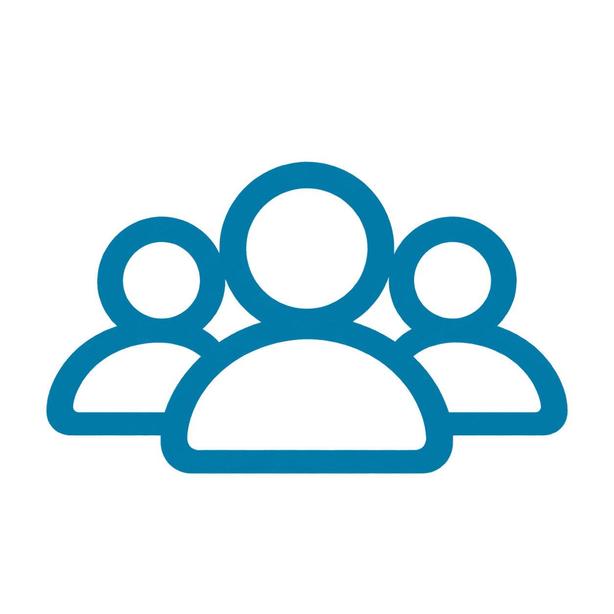 Blue outline icon of three people arranged in a group, with one larger figure in the center and two smaller figures on either side, on a white background.