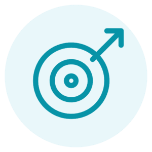 A teal target with an arrow hitting the center, symbolizing accuracy or achieving a goal, on a light blue circular background.