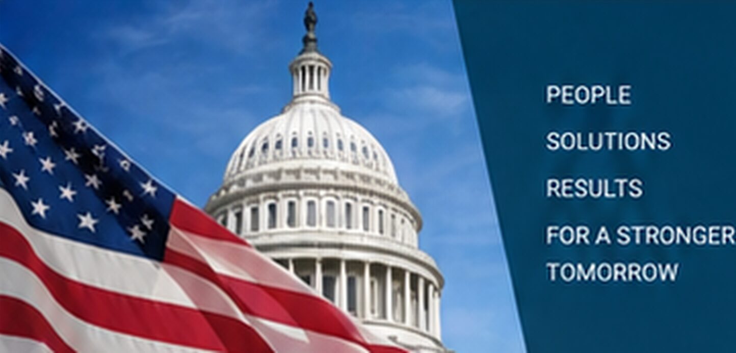 American flag in front of the U.S. Capitol dome with text: “People, Solutions, Results, For a Stronger Tomorrow” on a blue background.