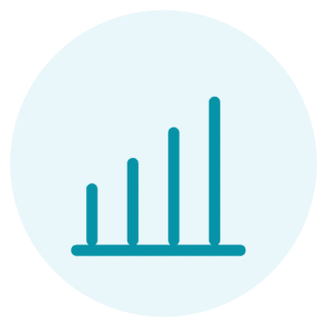 Icon of a bar graph with four teal bars increasing in height from left to right, set inside a light blue circle on a white background.