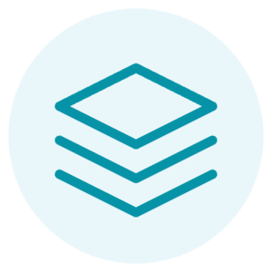 Three teal, outlined, layered diamond shapes are stacked vertically on a light blue circular background.