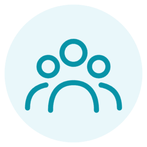 Simple icon of three abstract human figures in blue, with one larger figure in the center and two smaller figures on each side, set against a light blue circular background.