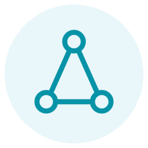 Blue outlined triangle with a circle at each corner, connected by straight lines, on a light blue circular background.