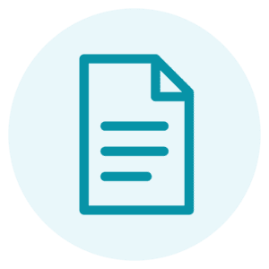 Blue outline of a document with three horizontal lines, symbolizing text, on a light blue circular background.